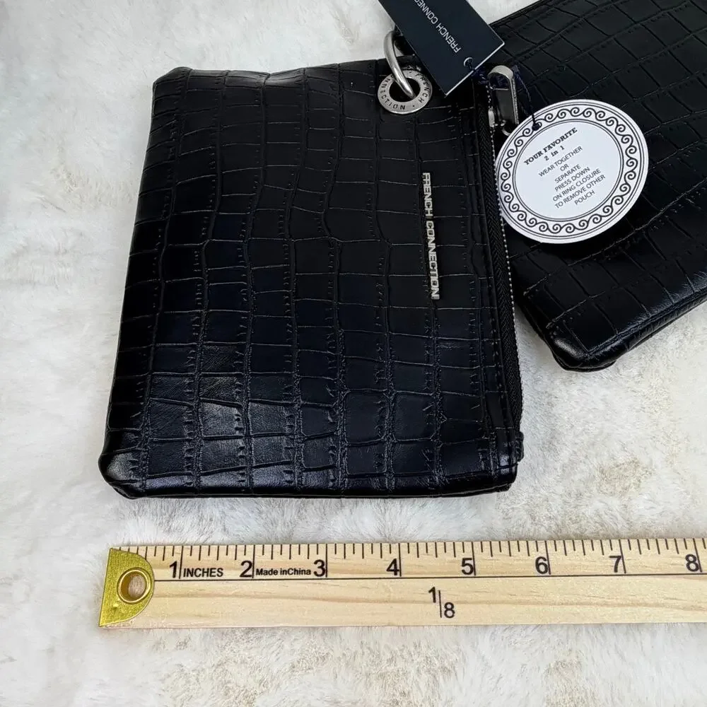 French Connection Black Croco Dale Double Slim Pouches Wristlet 2-in-1‎ NWT Chic